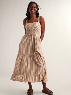 Toad&Co Women's Large Hemp Striped Midi Dress Pockets Adjustable Straps